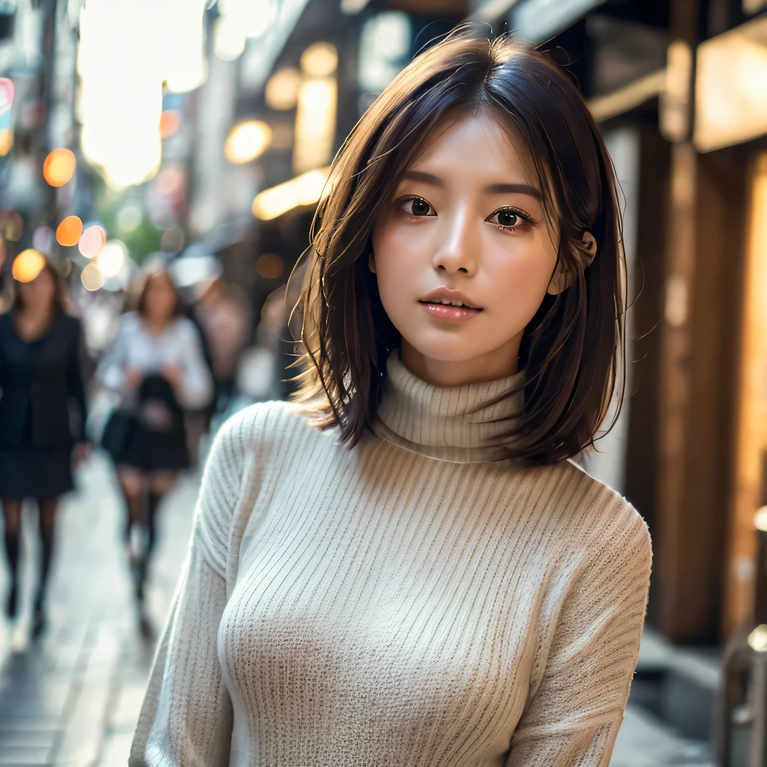 (Turtleneck sweater、skirt)、(highest quality,masterpiece:1.3,Ultra-high resolution,),(Very detailed,Caustics),(realism:1.4,RAW shooting,)Ultra-Realistic Capture,Very detailed,HD 16K Human Skin、 Natural skin texture、、Skin looks healthier、Even Skin Tone、 Use natural light and color,A woman ,Japanese,,cute,Brunette,(Depth of written border、Color Difference、Short to medium hair、Wide range of lighting、Natural Shadows、)、(Hair swaying in the wind:1.2)、Tokyo cityscape