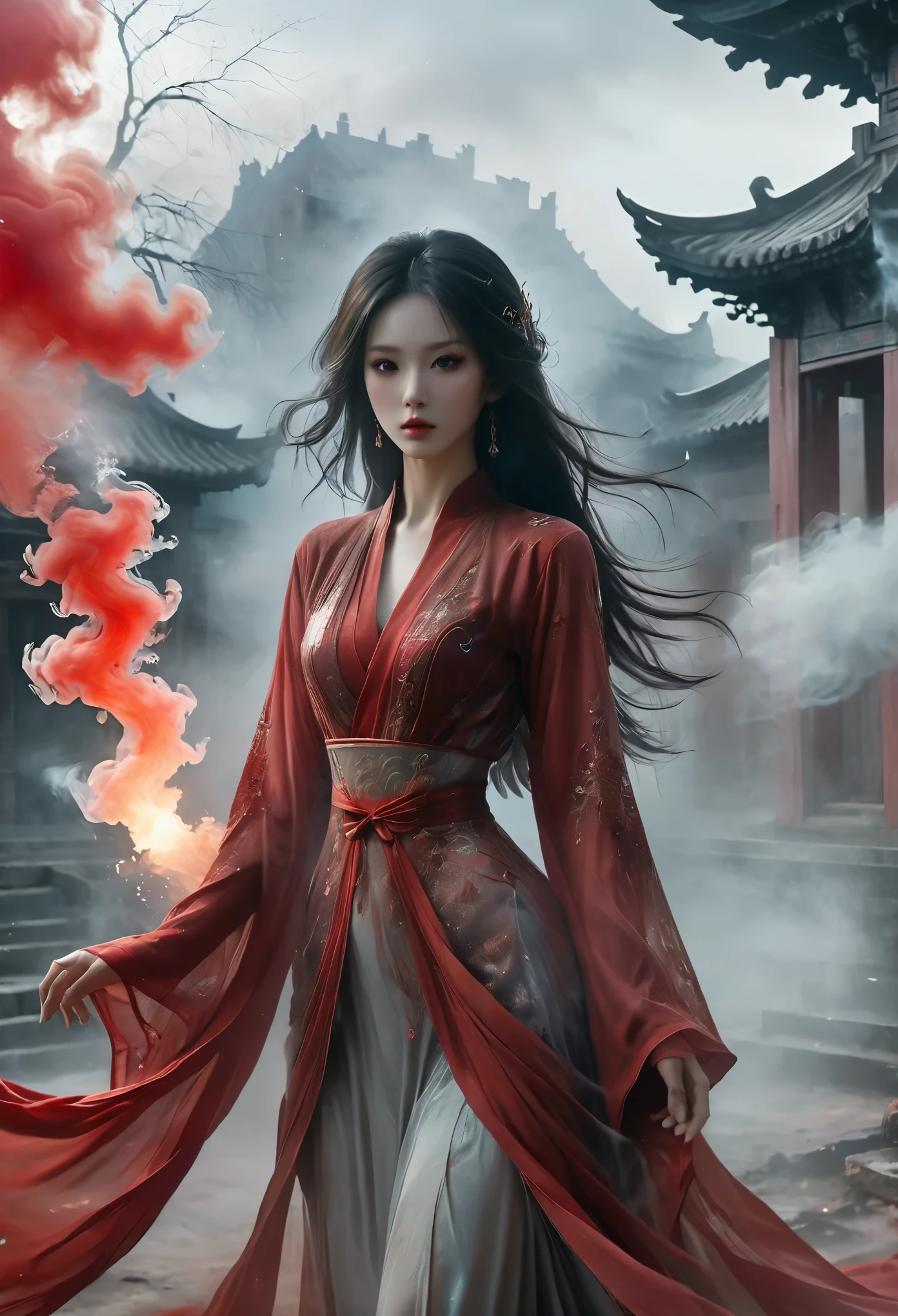 1 beautiful oriental girl，Red Jacket，Wedding dress，Red veil，(Ghost smoke:1.2)，(whole body:1.3)，Oriental ancient house in the background，damaged，shattered，Thriller，gray，Gray fog，Mist，Horror atmosphere，Detail production，buliding，Best quality，masterpiece，Surreal，Ultra-high resolution，(1.4x more realism)，