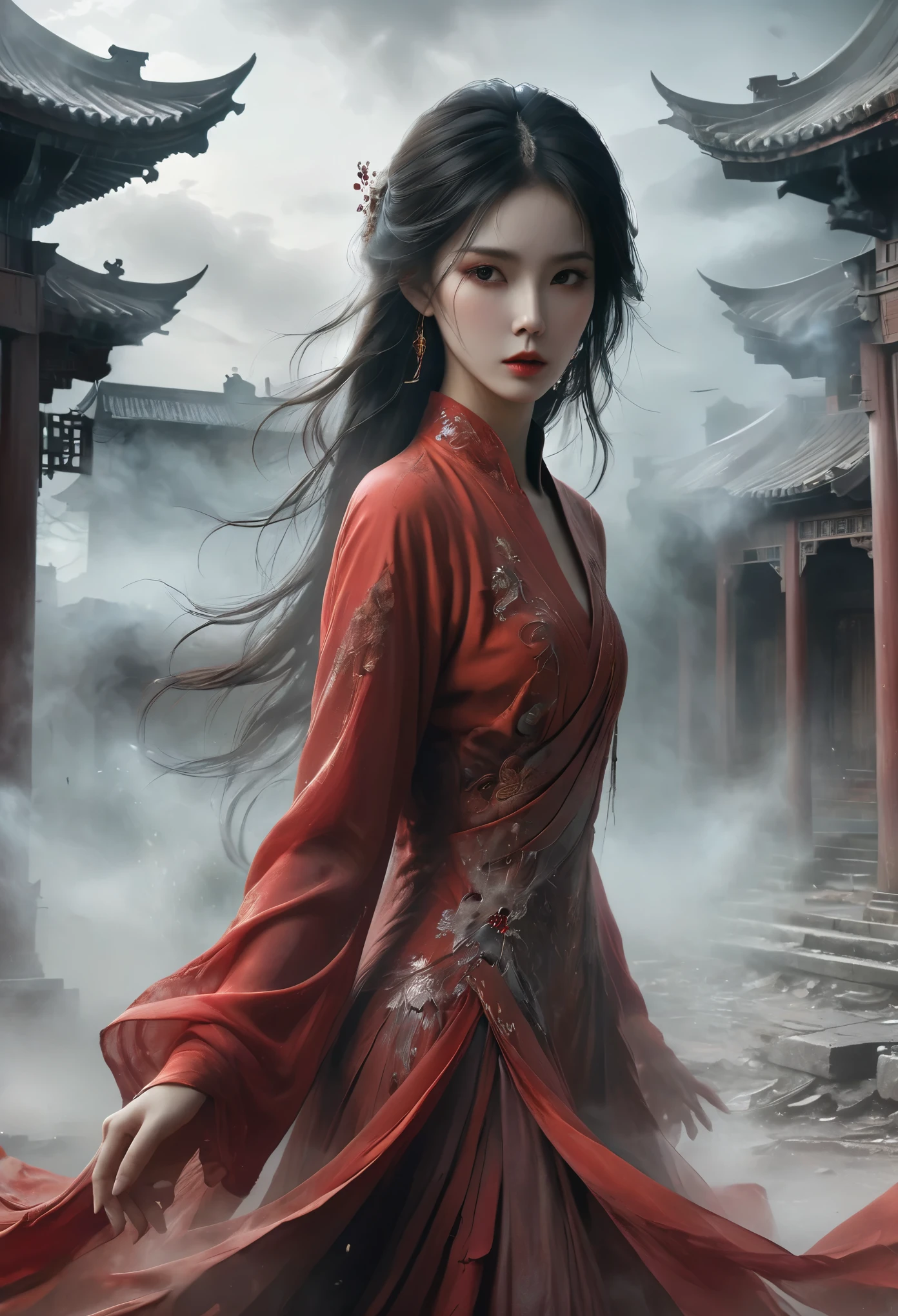 1 beautiful oriental girl，Red Jacket，Wedding dress，Red veil，(Ghost smoke:1.2)，(whole body:1.3)，Oriental ancient house in the background，damaged，shattered，Thriller，gray，Gray fog，Mist，Horror atmosphere，Detail production，buliding，Best quality，masterpiece，Surreal，Ultra-high resolution，(1.4x more realism)，