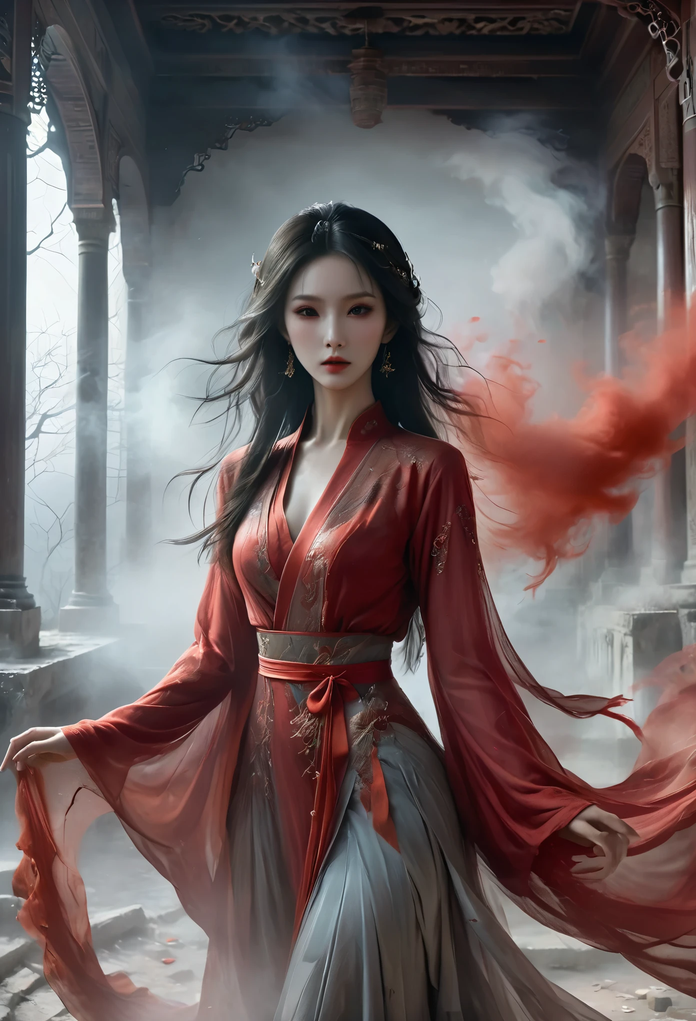 1 beautiful oriental girl，Red Jacket，Wedding dress，Red veil，(Ghost smoke:1.2)，(whole body:1.3)，Oriental ancient house in the background，damaged，shattered，Thriller，gray，Gray fog，Mist，Horror atmosphere，Detail production，buliding，Best quality，masterpiece，Surreal，Ultra-high resolution，(1.4x more realism)，