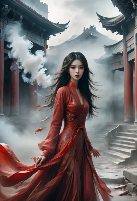 1 beautiful oriental girl，Red Jacket，Wedding dress，Red veil，(Ghost smoke:1.2)，(whole body:1.3)，Oriental ancient house in the bac...