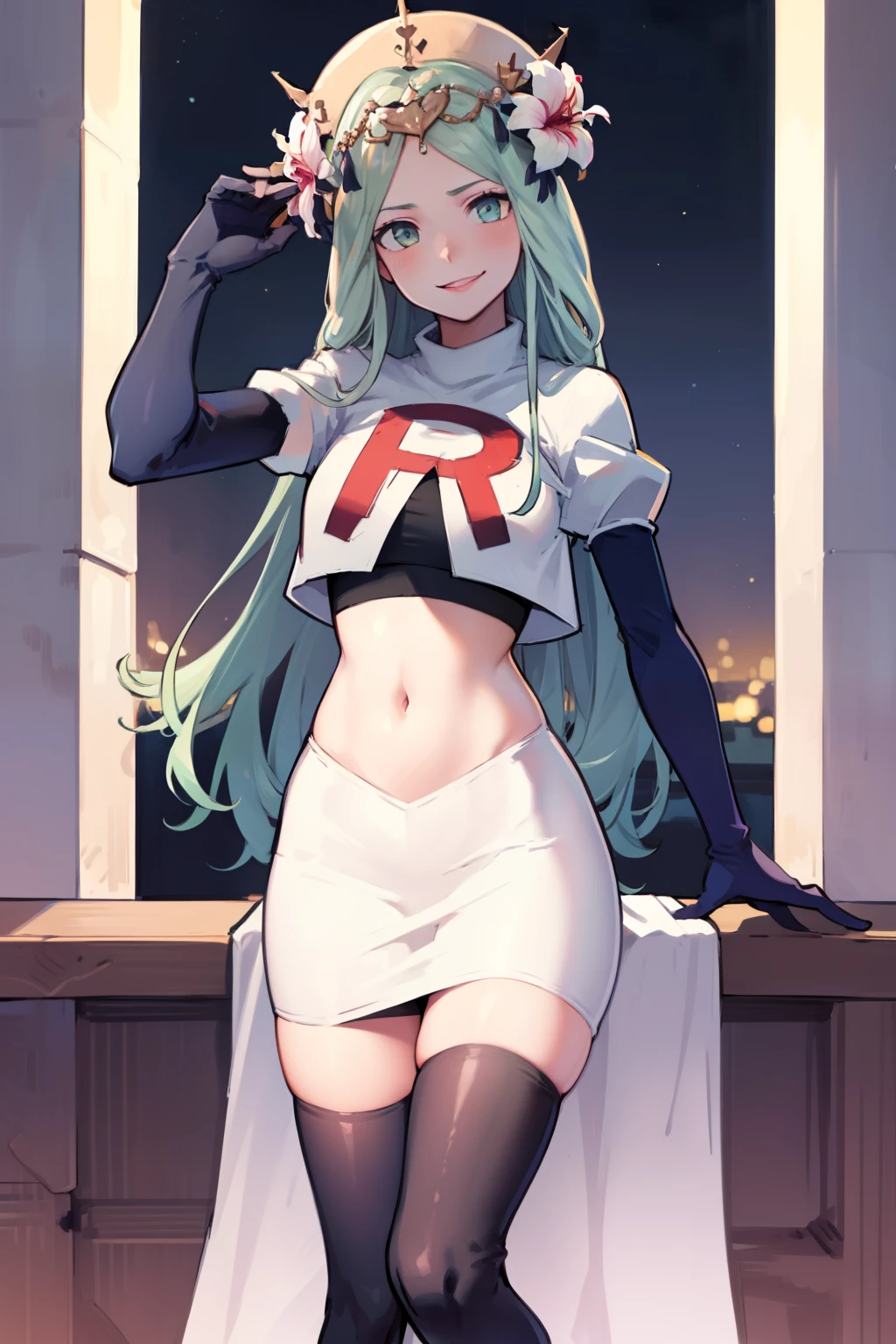 defRhea, headdress, hair flower, team rocket,team rocket uniform,white skirt,red letter R,crop top,black thigh-highs,black elbow gloves, evil smile, looking at viewer, cowboy shot, night sky background