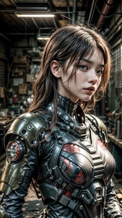 (masterpiece, best quality, photorealestic:1.4), , (uhd, 8k wallpaper, high resolution), japaness girl as a cyborg soldier in a ...