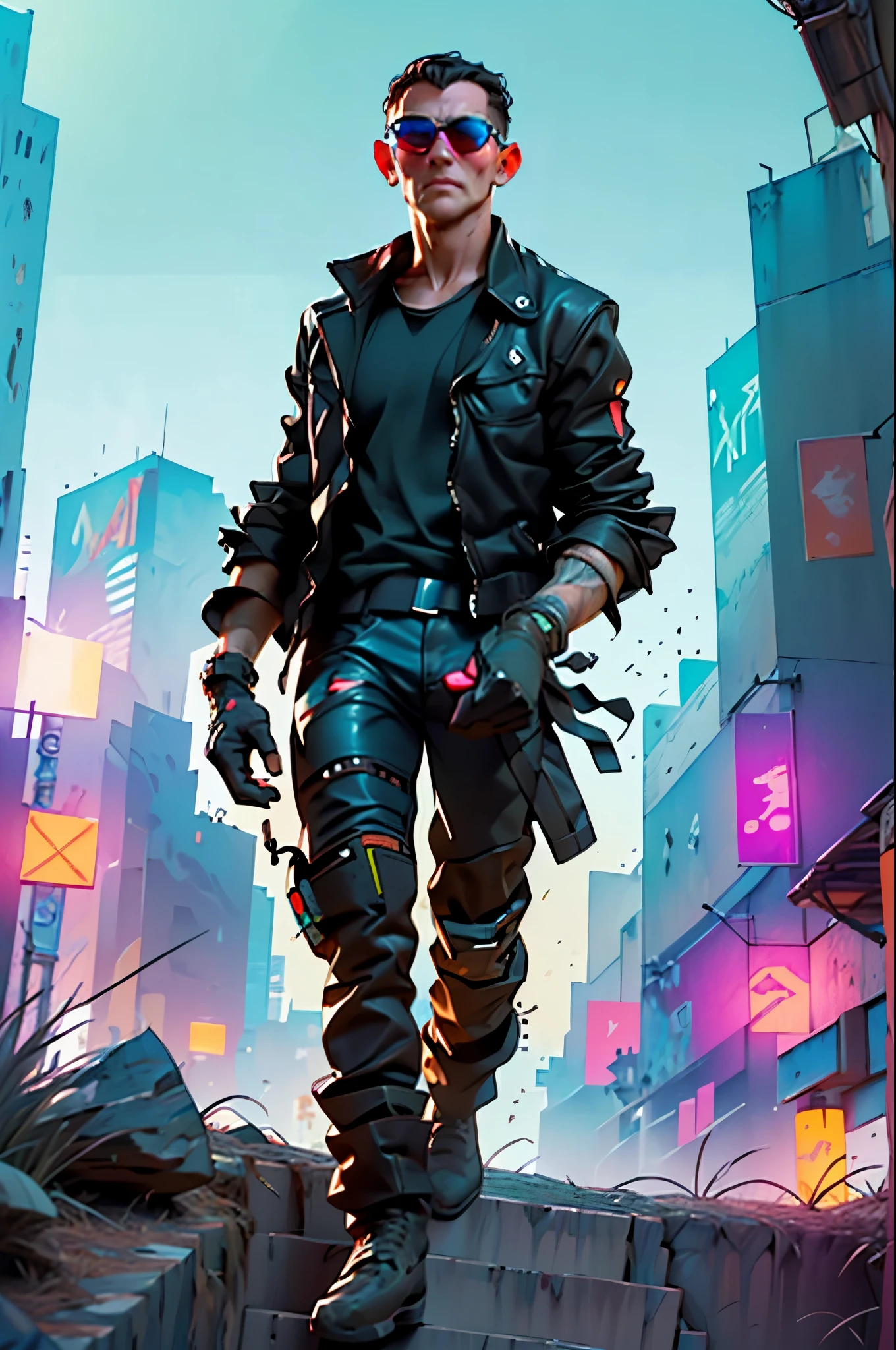 ((best quality)), ((masterpiece)), (very detailed body and face:1.3), 3D, Beautiful (cyberpunk:1.3) Beautiful young man with hair shaved on the sides and a petrol blue mohawk, VERY DETAILED AND BRIGHT, ((with weapons in his hands) ), (((futuristic Mad Max movie style background))), (((pink and cyan neon lights at night))), night image, at night, 32k