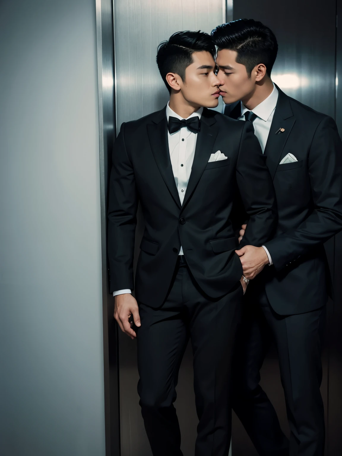 two men, two males, hyper realistic image of extremely handsome 30 year old filipino man, mature features, wearing a fancy suit, kissing a handsome 30 year old muscular filipino man wearing a fitted black suit, in an enclosed elevator, sex from behind, standing sex, perfect face, front view, full body, fill frame, zoomed out, highly detailed, intricate details, sharp focus