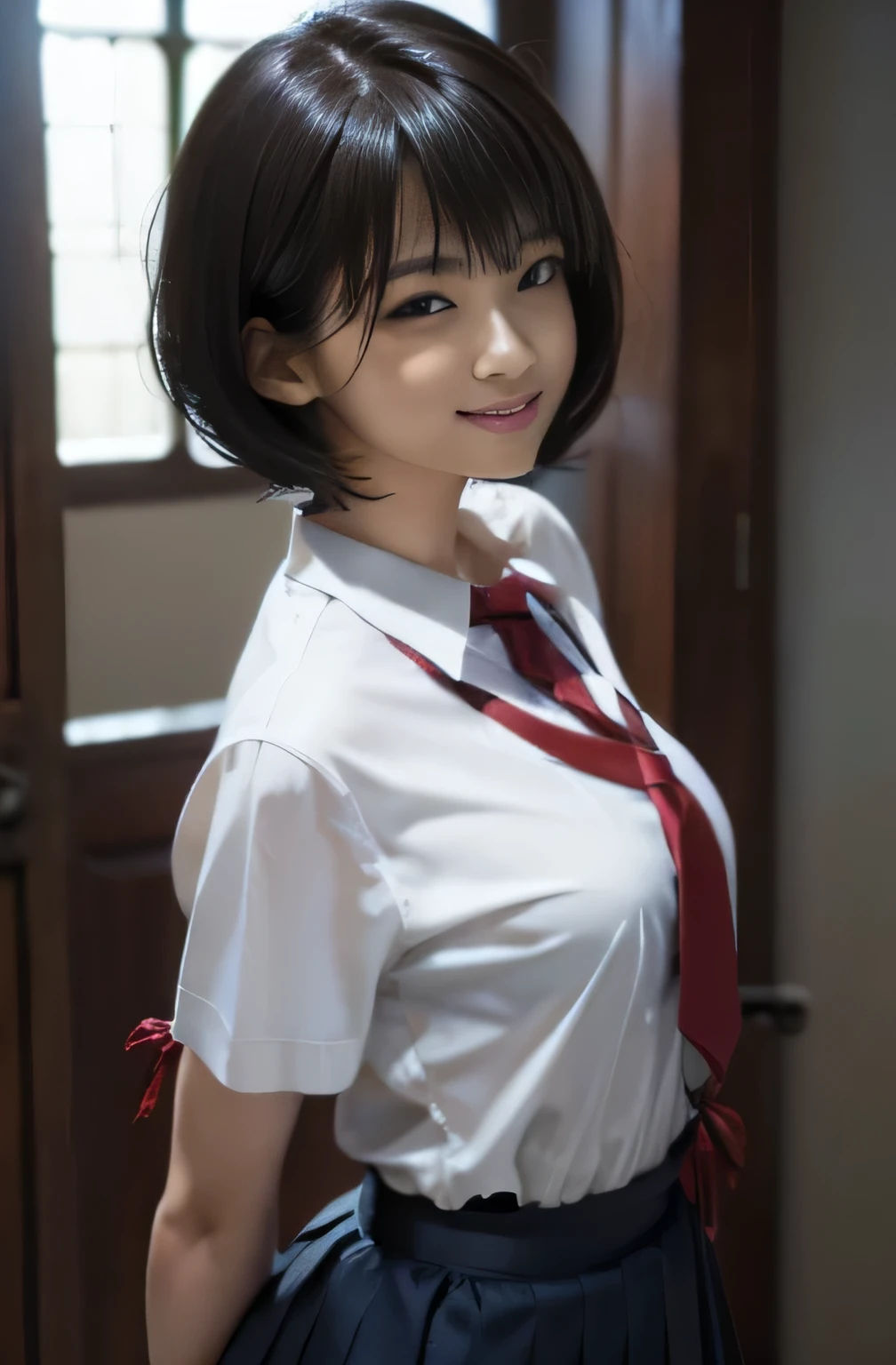 highest quality、shape、 Very detailed、finely、 High resolution、8k wallpaper、Perfect dynamic shape、Beautiful 17 year old girl、A neat and mature high school girl、Beautiful face in every detail、Beautiful eyes in every detail、Rough skin、A faint smile、Small breasts、Bold sexy pose、((Schoolgirl uniform、short hair:1.4))、((Watching the audience、Smile))、((open chest shirt:1.3))、(((Loose tie:1.4)))