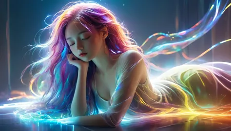 {{masterpiece}}, best quality, Extremely detailed CG unified 8k wallpaper, Movie Lighting,Futurism， A woman sleeping in bed，Long legs，Sleep with eyes closed，Huge window behind， A quiet night. , Multi-colored hair, (Colorful hair:1.5),