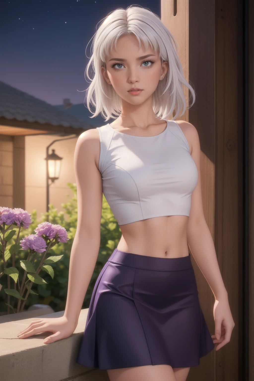 realistic, 1 girl, White hair, Purple eyes, Brilliant eyes, crop top, skirt, parted lips, blush, night, flowers, Sun, Sunlight,