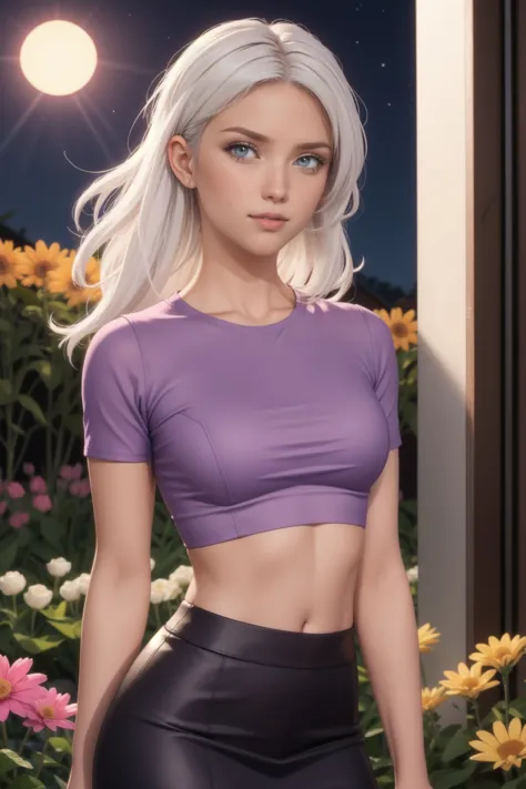 realistic, 1 girl, White hair, Purple eyes, Brilliant eyes, crop top, skirt, parted lips, blush, night, flowers, Sun, Sunlight,