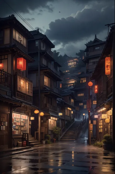 view of fed village，a lot of lights on the buildings，fantasy chinatown，chinese village，stunning wallpapers，japanese village，surr...