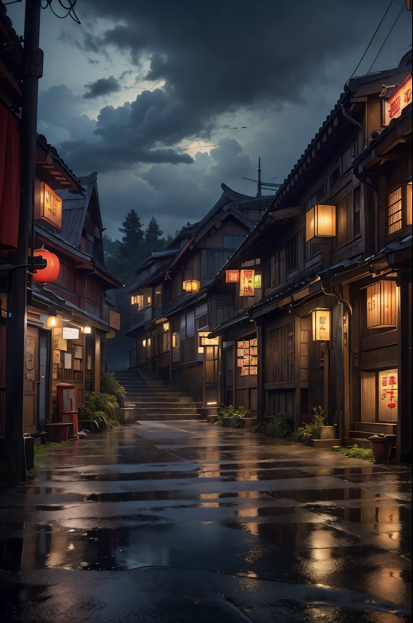 View of Fed Village，a lot of Lights on the buildings，Fantasy Chinatown，Chinese Village，Stunning wallpapers，Japanese Village，Surreal photos of small towns，old asian village，(The sky in the distance is covered with dark clouds)，Japanese cities，Raymond Han，Rainy night, Cyberpunk Chinese Ancient Castle, Light线充足的建筑, Late afternoon，in the rain, Pretty and beautiful, photography, Light, 8k, High Detail ((Heavy rain，full of Lights，stairs)))