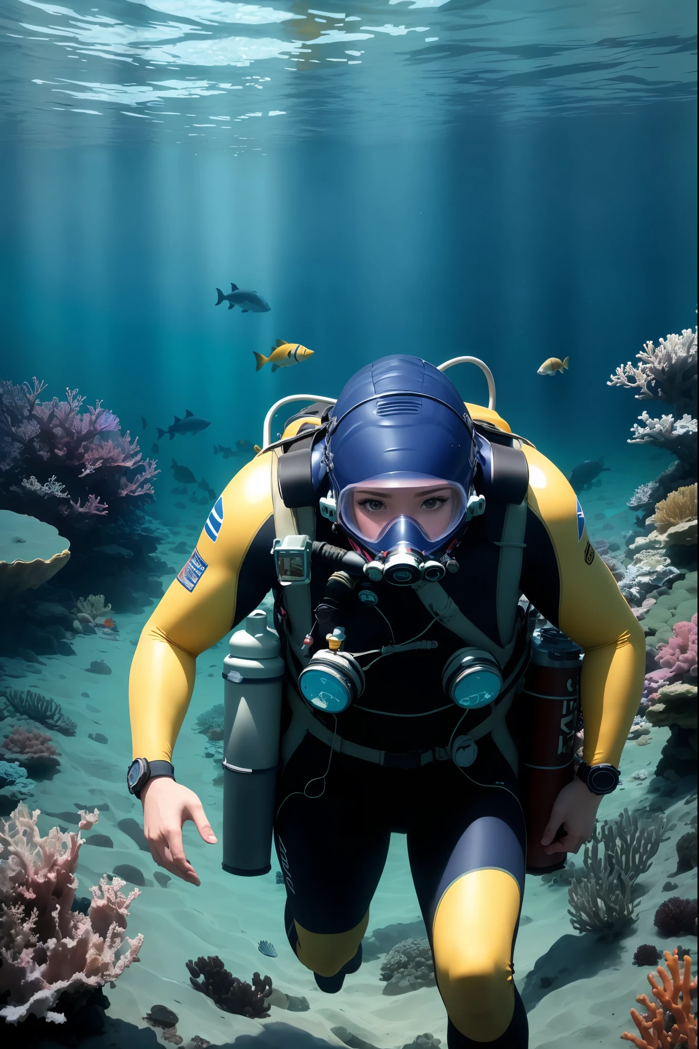 a professional diver exploring underwater, wearing a diving suit and carrying diving equipment, surrounded by colorful coral and marine life
Stable Diffusion: (best quality,4k,8k,highres,masterpiece:1.2),ultra-detailed,(realistic,photorealistic,photo-realistic:1.37),underwater photography,stunning marine,professional diver,diving suit,diving gear,colorful coral,marine life,vivid colors,underwater exploration,clear water,marine environment,aquatic adventure