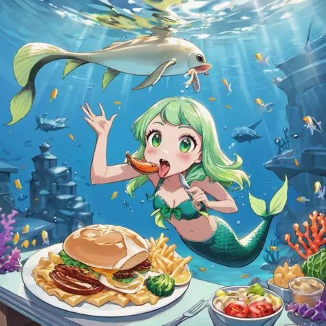 A hungry mermaid is diving deep and fast to catch a yummy squid, cartoonish hunger and surprise, undersea antics
