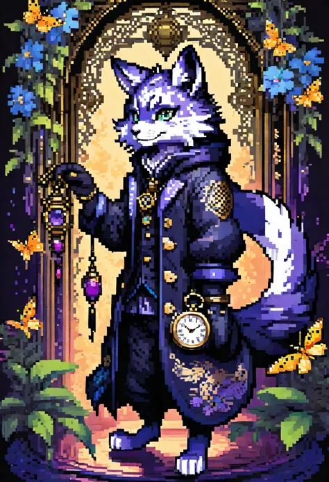 (best quality, high resolution, ultra-detailed)silhouett(kemono, furry anthro)holding striking pocket watch, surrounded by flowe...