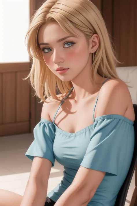realistic, lonely girl, blonde, Red eyes, Brilliant eyes, parted lips, blush, Sun, Sunlight, off the shoulder, sitting