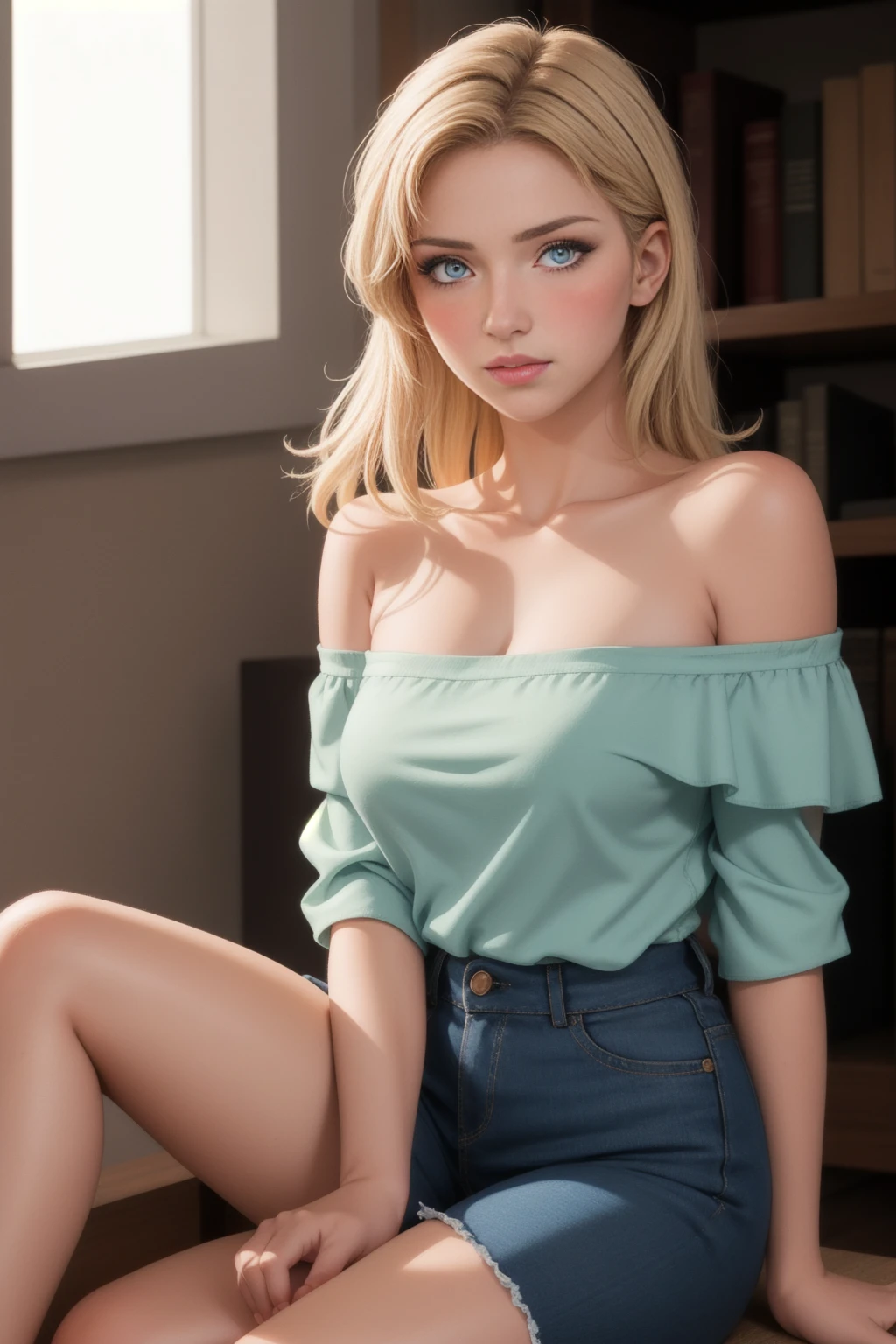 realistic, lonely girl, blonde, Red eyes, Brilliant eyes, parted lips, blush, Sun, Sunlight, off the shoulder, sitting