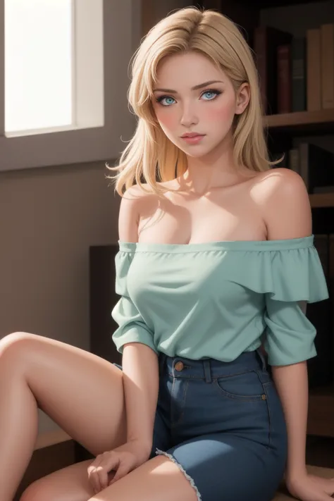 realistic, lonely girl, blonde, red eyes, brilliant eyes, parted lips, blush, sun, sunlight, off the shoulder, sitting