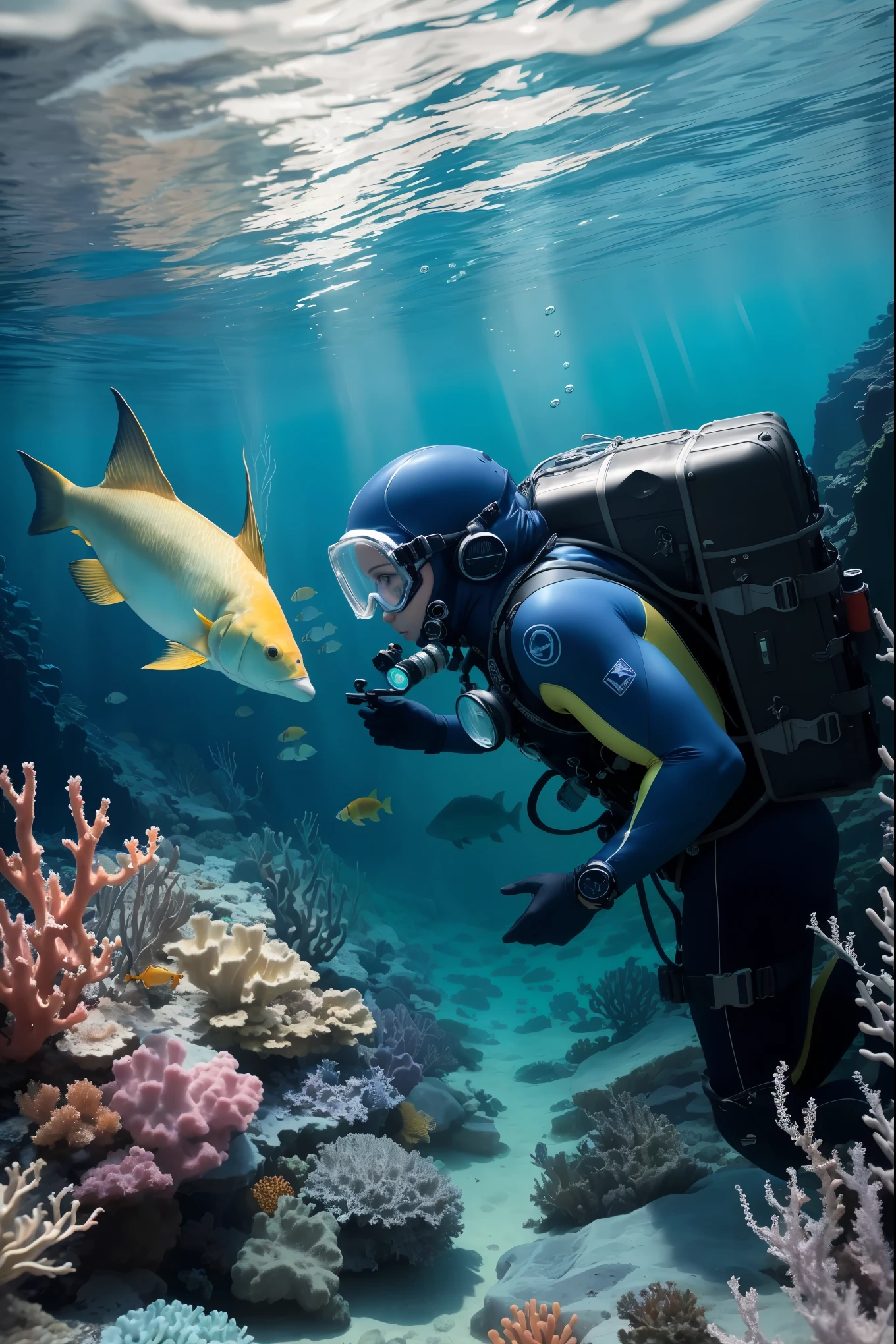 a professional diver exploring underwater, wearing a diving suit and carrying diving equipment, surrounded by colorful coral and marine life
Stable Diffusion: (best quality,4k,8k,highres,masterpiece:1.2),ultra-detailed,(realistic,photorealistic,photo-realistic:1.37),underwater photography,stunning marine,professional diver,diving suit,diving gear,colorful coral,marine life,vivid colors,underwater exploration,clear water,marine environment,aquatic adventure