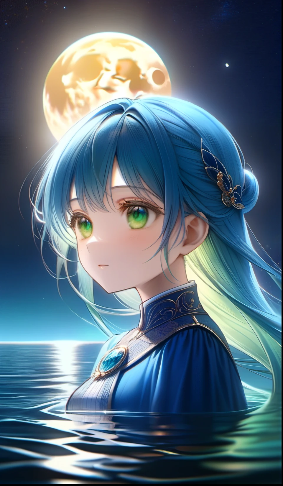 one princess standing on water, at night, the young siter taste, pale blue moon, cute face, blue semi-long hair, emerald green eyes, illusory scene, calm, impressive, ((portrait)) ((masterpiece, best quality, ultra-detailed, an extremely delicate and beautiful)), ((photorealism, hyperrealism)), ((extremely detailed CG unity 8k wallpaper)), ((award winning, ccurate, UHD, textured skin, chromatic aberration, perfect anatomy, golden ratio)), (exquisite attention to detail), ((perfect_composition, perfect_design, perfect_layout, perfect_detail, ultra_detailed)), ((aesthetic harmony)), ((aesthetic style))