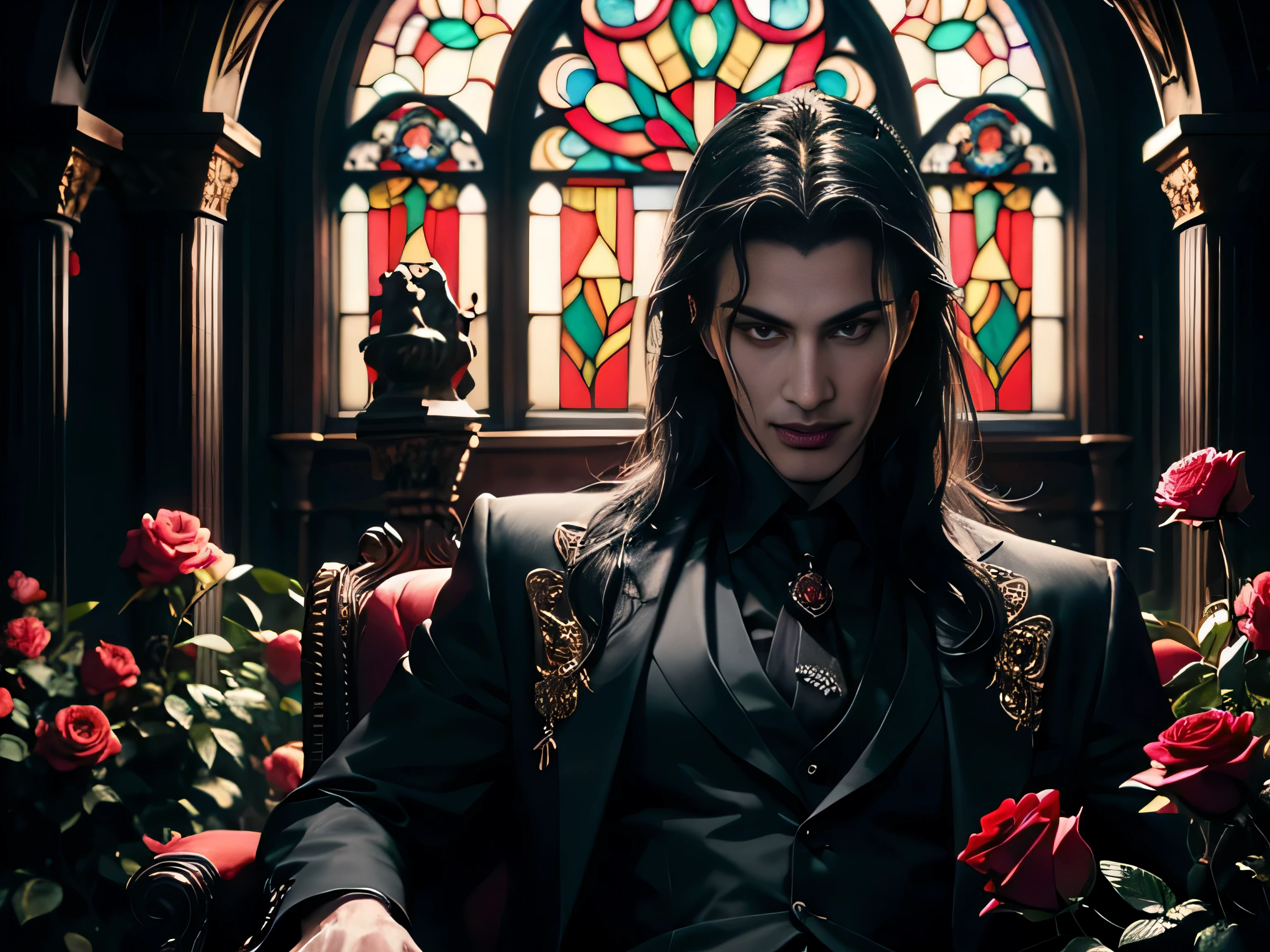 masterpiece, highest quality, perfect face, high detail, hot gorgeous Vampire man Vlad Tepes(Dracula), with long soft black hair, red eyes, puffy lips, posing against ornate baroque window, wearing dark luxury gothic suit, (((solo))), Rose Garden detailed background, realistic, covered navel, cinematic lighting, 8k character details, high quality anime art, high quality illustration, detailed anime wallpapers, detailed anime art
