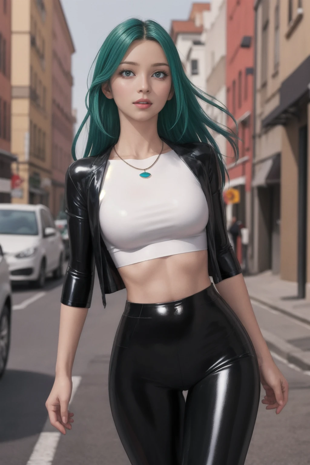 (masterpiece, Best quality:1.2), 1 girl, One,    (shiny glossy latex:1.3), Kilje, standing, green eyes,   multicolored hair, high waist leggings, crop top, White T-shirt, street, necklace, Look at the belly,