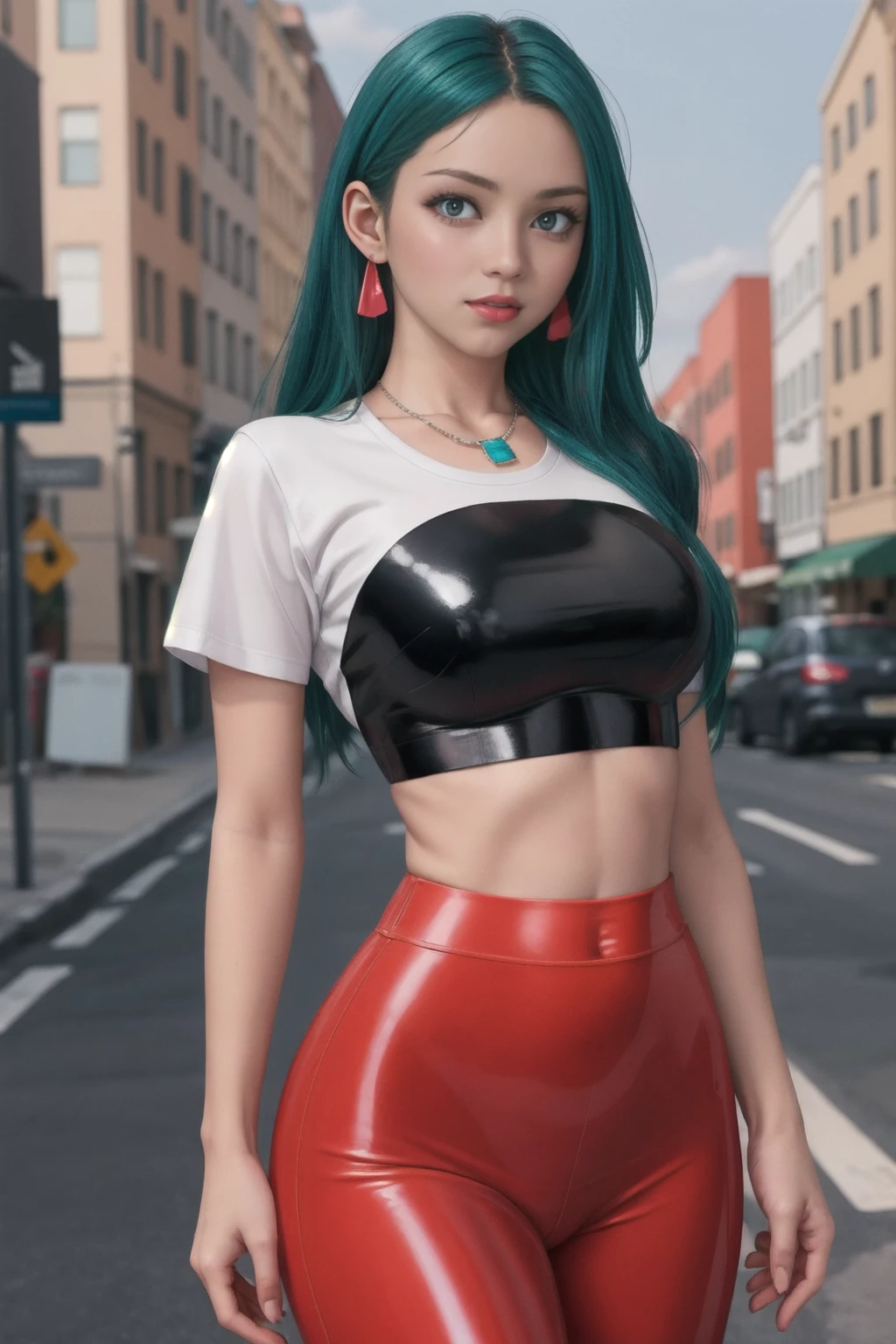 (masterpiece, Best quality:1.2), 1 girl, One,    (shiny glossy latex:1.3), Kilje, standing, green eyes,   multicolored hair, high waist leggings, crop top, White T-shirt, street, necklace, Look at the belly,