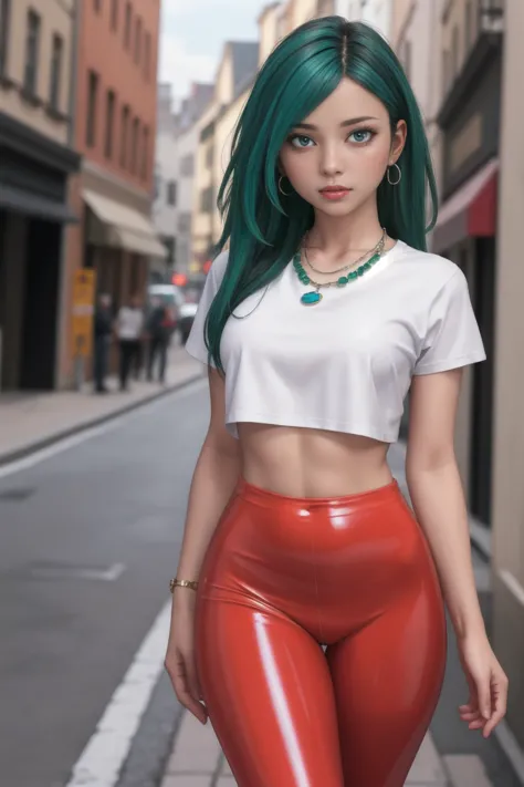 (masterpiece, Best quality:1.2), 1 girl, One,    (shiny glossy latex:1.3), Kilje, standing, green eyes,   multicolored hair, hig...