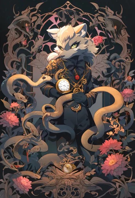 (best quality, high resolution, ultra-detailed)silhouett(kemono, furry anthro)holding striking pocket watch, surrounded by flowers, snakes and darkness, illustrative rendering, intricate details, mysterious atmosphere, vibrant colors, dynamic lighting , Go...