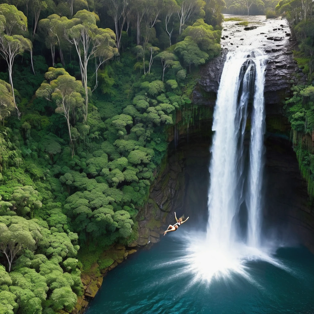 A brave Australian adventurer woman is diving from the top of a high waterfall into the lake below to avoid the cannibals pursuing her