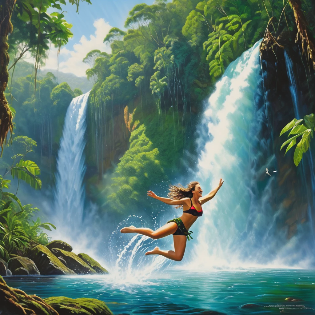 A brave Australian adventurer woman,diving,high waterfall,deep lake,[escaping],cannibals,pursuing [her],adrenaline rush [in the air],splashing water,fearless smile,breathtaking dive,and [surface] re-emerges,strong,[confident],and [determined].

Material: [Photorealistic,ultra-detailed],fine art,oil painting.

Scene details: Lush green rainforest surrounding the waterfall,mist rising from the crashing water,thick vines hanging from the trees,exotic birds chirping loudly.

Image quality: (Best quality,4k,8k,highres,masterpiece:1.2),ultra-detailed,realistic,HDR,sharp focus,physically-based rendering,vivid colors.

Art style: Adventure,action,landscape.

Color tone: Vibrant and rich with contrasts.