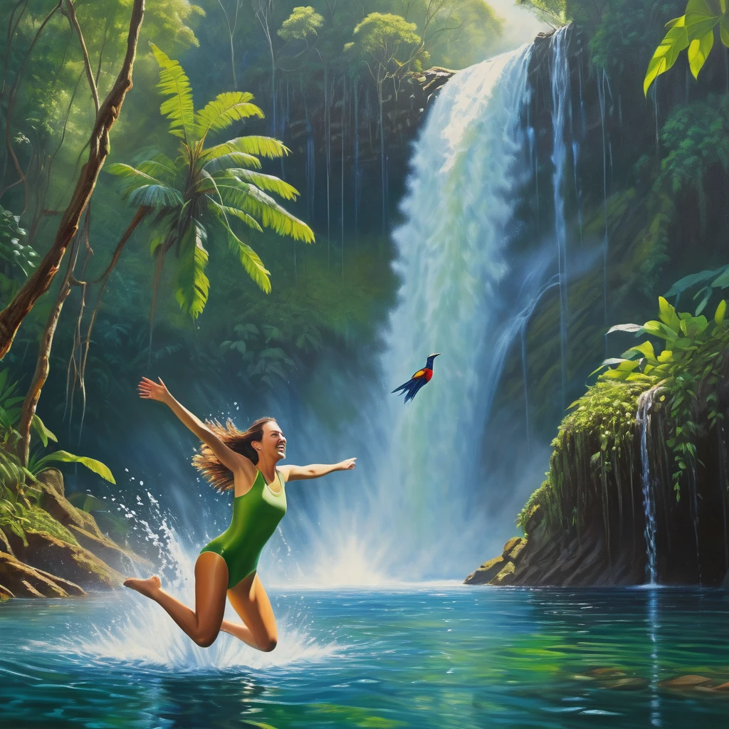 A brave Australian adventurer woman,diving,high waterfall,deep lake,[escaping],cannibals,pursuing [her],adrenaline rush [in the air],splashing water,fearless smile,breathtaking dive,and [surface] re-emerges,strong,[confident],and [determined].

Material: [Photorealistic,ultra-detailed],fine art,oil painting.

Scene details: Lush green rainforest surrounding the waterfall,mist rising from the crashing water,thick vines hanging from the trees,exotic birds chirping loudly.

Image quality: (Best quality,4k,8k,highres,masterpiece:1.2),ultra-detailed,realistic,HDR,sharp focus,physically-based rendering,vivid colors.

Art style: Adventure,action,landscape.

Color tone: Vibrant and rich with contrasts.