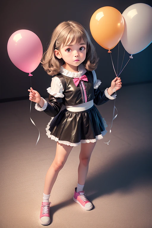 a 10 years old girl, holding balloons, (((full body))), real photo, looking above at me, Brat, gray