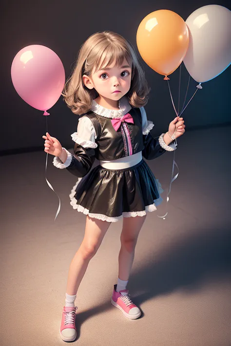 a 10 years old girl, holding balloons, (((full body))), real photo, looking above at me, brat, gray