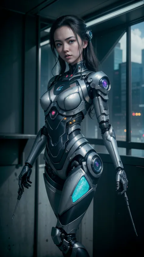 (((Jessica Henwick con una armadura futurista de asesino ninja cyberpunk, shiny robotic ninja armor )), (dynamic pose), (Obra ma...