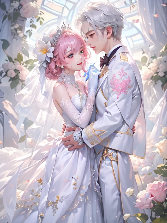 masterpiece, One girl, One boy, dress, Two people, wedding style dress, tie, Couple, smile, Strapless dress, close your eyes, pants, Strapless, Veil, flower, Long Hair, Holding, jewelry, gloves, shirt, necklace, flower束, white pants, Holding flower束, white dress, blue eyes, white shirt, Open jacket, Holding hands, elbow gloves, white gloves, White jacket, pink tie, bridal Veil, White Background, wedding style, couple, Long sleeve, long dress, pink flower, short hair, Are standing, Novel cover