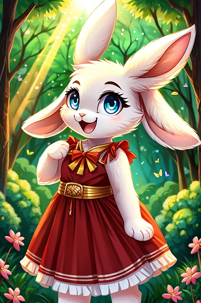 zoomed out image, ((solo character)), cute style art, fantasy style art, cute, adorable, short character, small, tiny little fluffy female white bunny with blue eyes, 4 ears, 2 extra ears, big floppy ears, long ears, ears perked up, raised ears, long eyelashes, wearing a red frilly ribbon dress, smiling, standing in a forest, soft tones, big expressive smile, open mouth, wide eyes, excited eyes, excited face, smiling happily, stunning visuals, sunlight coming through the trees, flowers scattered in the bushes, butterflies in the air, digital illustration