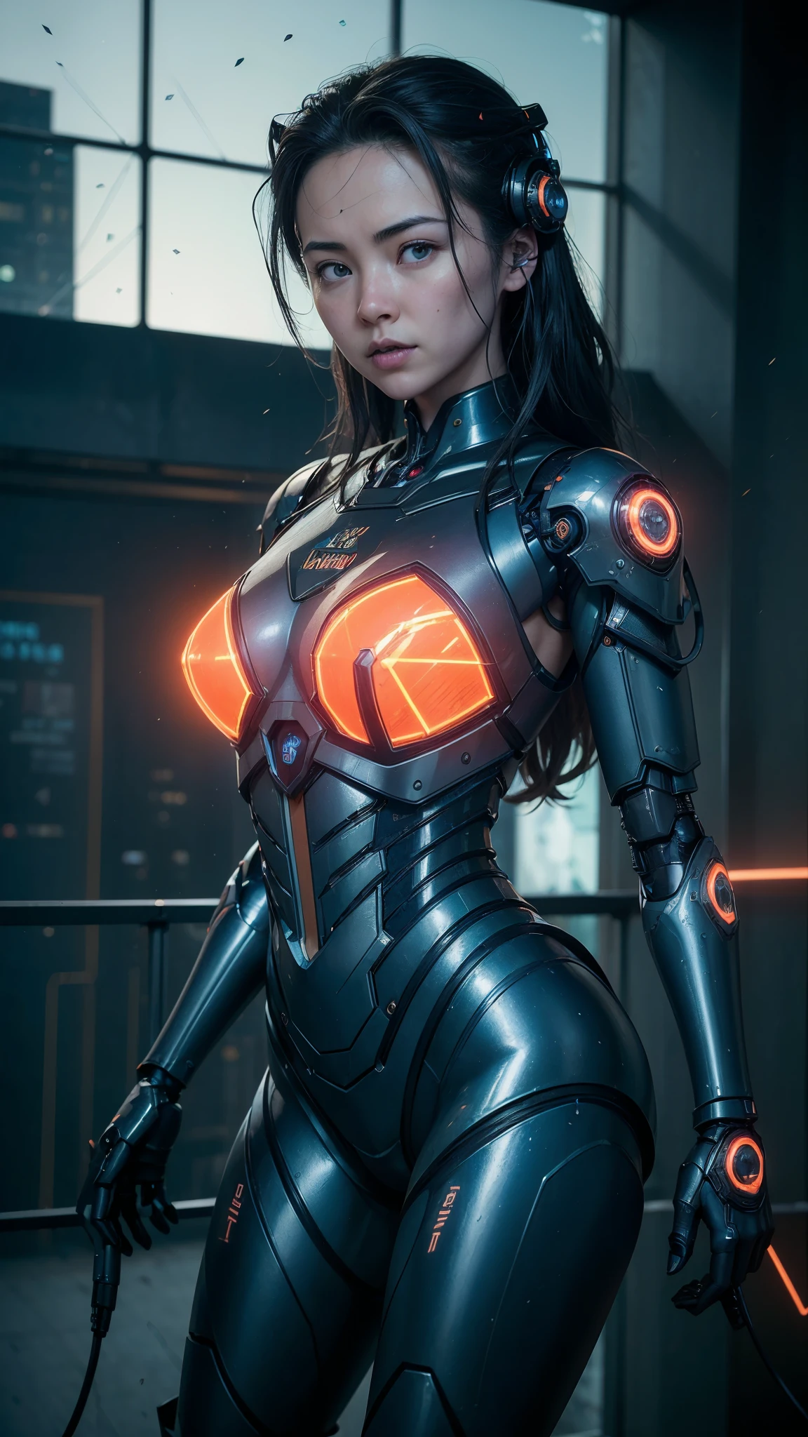 (((Jessica Henwick con una armadura futurista de asesino ninja cyberpunk, shiny robotic ninja armor )), (dynamic pose), (Obra maestra), (hyper realista:1.4), (realista:1.3), (Piel de textura real de la mejor calidad.),  (cinematic lighting), (Escena de pelicula), 1mujer hermosa, (luz brillante), piel muy detallada, poros de la piel, (cara muy detallada:1.1), (ojos muy detallados:1.1), realista pupils, (perfect anatomy:1.1), (proporciones perfectas:1.1), (Photography:1.1), (photorealista:1.1), volumetric lighting, dynamic lighting, sombras reales, (high resolution:1.1), Sharp focus, (realista, hyperrealista:1.4), intrincado, Alto detalle, dramatic, subsurface dispersion, gran profundidad de campo, vivid, Pulido, afilado, ((completo agudo)), (extremadamente absurdos),8KHDR, ((fondo ciberpunk de la ciudad de Hong Kong)), (Jessica Henwick:1.4), (Jessica Henwick V2.1), (mechanical cyborg transparent glass:1.4), (colores brillantes), (electronic circuit neon orange glass :1.4) 