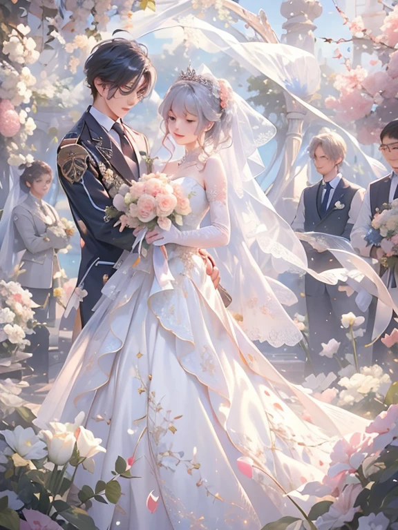 masterpiece, One girl, One boy, dress, Two people, wedding style dress, tie, Couple, smile, Strapless dress, close your eyes, pants, Strapless, Veil, flower, Long Hair, Holding, jewelry, gloves, shirt, necklace, flower束, white pants, Holding flower束, white dress, blue eyes, white shirt, Open jacket, Holding hands, elbow gloves, white gloves, White jacket, pink tie, bridal Veil, White Background, wedding style, couple, Long sleeve, long dress, pink flower, short hair, Are standing, Novel cover