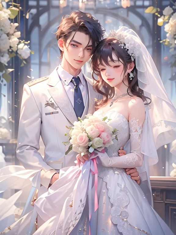 masterpiece, One girl, One boy, dress, Two people, wedding style dress, tie, Couple, smile, Strapless dress, close your eyes, pants, Strapless, Veil, flower, Long Hair, Holding, jewelry, gloves, shirt, necklace, flower束, white pants, Holding flower束, white dress, blue eyes, white shirt, Open jacket, Holding hands, elbow gloves, white gloves, White jacket, pink tie, bridal Veil, White Background, wedding style, couple, Long sleeve, long dress, pink flower, short hair, Are standing, Novel cover