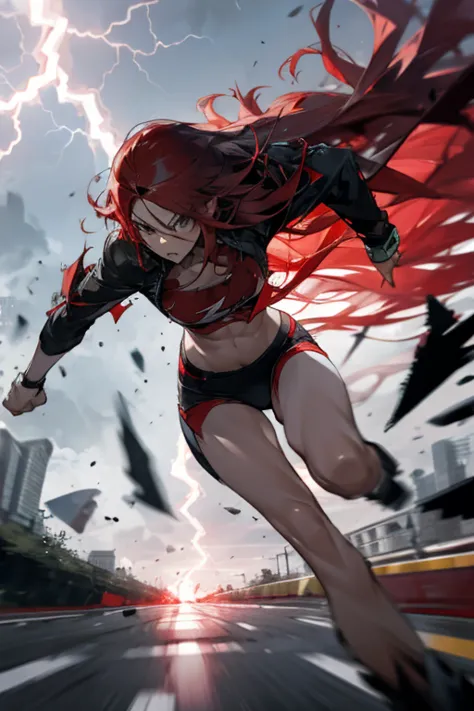 woman, long hair, red hair, ripped clothes, lightning, running super fast
