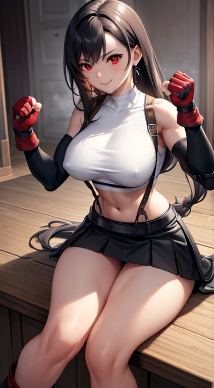 best quality, ultra-detailed, high resolution, extremely detailed CG, unity 8k wallpaper, super detailed skin, detailed, dynamic lighting, beautiful detailed eyes, defTifa, white crop top, elbow pad, fingerless gloves, suspenders, very short pleated miniskirt, red boots, bar counter, sitting, knees up, red eyes, serious, smile, fighting stance, sparring, large breasts, muscular belly,