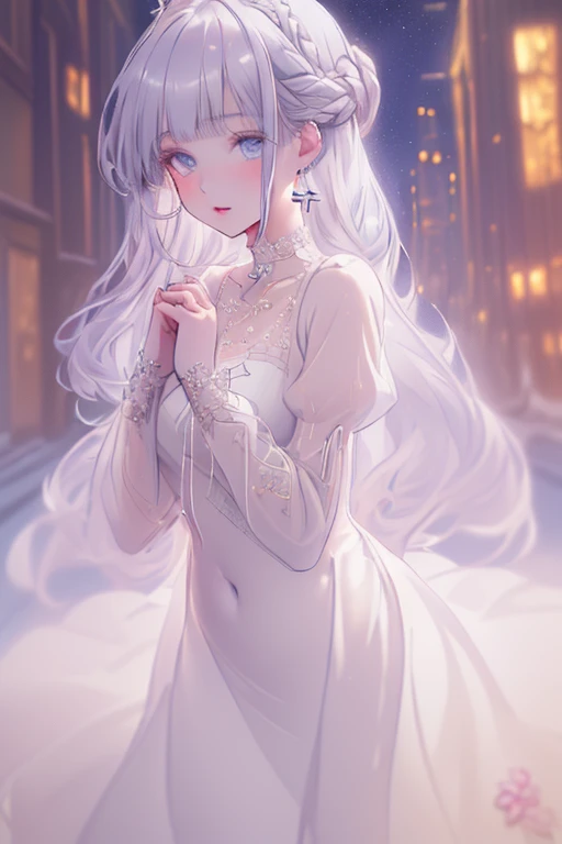 ((masterpiece 1.8)),ultra-detailed,High resolution,best quality, sacred atmosphere, pale tone,  ((1girl)), solo, ((very beautiful and cute girl)), ((16years old graceful girl)), ((gradation colored hair silver:1.4 pale blue:0.6)), (super long hair), ((fine detailed eyes 1.8)), (blue eyes), (expressive face), (fine detailed face), small bast, ((bangs)), ((french braid)), ((slender 1.8)), (covered creavege), (collarbone), jewelry, earrings, parted lips, ((lace trimmed white dress 1.8)), (gold trimmed white dress)), ((halterneck dress 1.6)), ((see-through 1.8)), covered navel, skindentation, ((Silver embroidery)), ((silver embroidery on the hem)), ((floral embroidery)), ((grip her hands together and prays 1.8)), ((outdoor 1.6)), ((landscape)), ((night sky)), ((starry sky 1.6)), ((milky way 1.8)), (((ruined city 1.8))), ((destroyed city 1.8)), (((collapsed skyscrapers 1.8))),