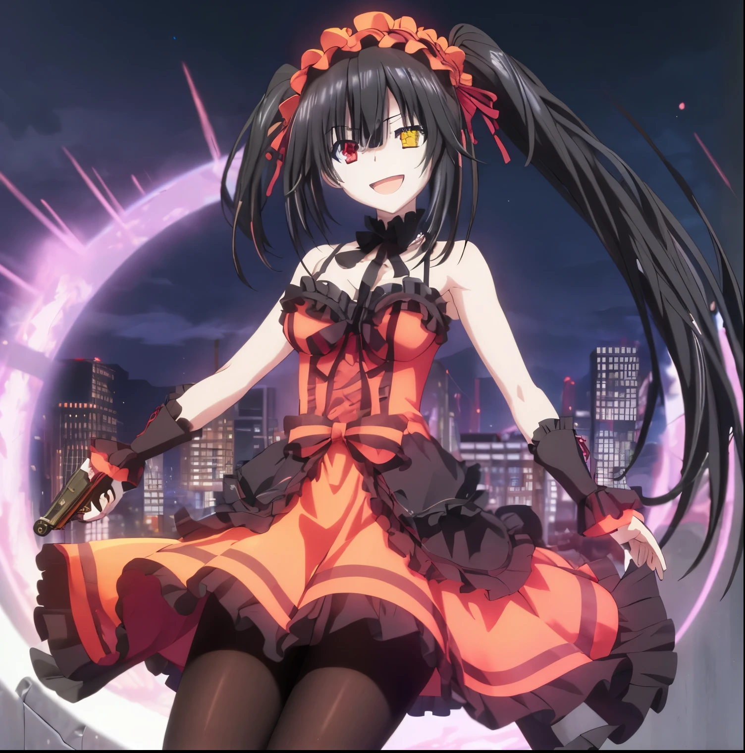 Anime girl with long black hair and a red dress holding a sword - SeaArt AI