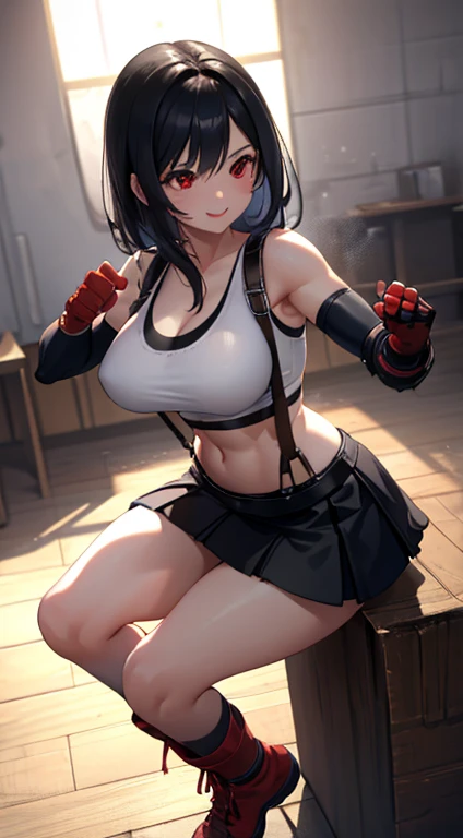 best quality, ultra-detailed, high resolution, extremely detailed CG, unity 8k wallpaper, super detailed skin, detailed, dynamic lighting, beautiful detailed eyes, defTifa, white crop top, elbow pad, fingerless gloves, suspenders, very short pleated miniskirt, red boots, bar counter, sitting, knees up, red eyes, serious, smile, fighting stance, sparring, large breasts, muscular belly, thights,