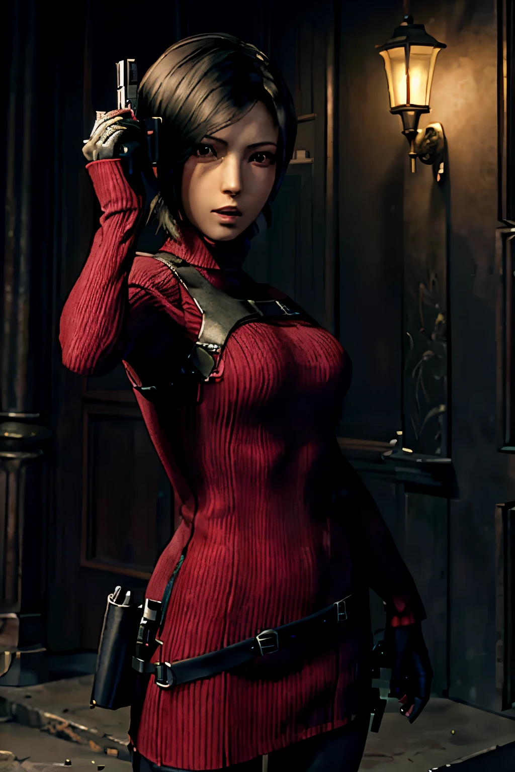 arafed woman holding a gun in a dimly lit room, 8k portrait render, glamorous jill valentine, deayami kojima, game cg, yayoi kasuma, rendered in sfm, portrait of tifa lockhart, hints of yayoi kasuma, perfect dark, photorealistic shot, video game render, faye valentine, female lead character  