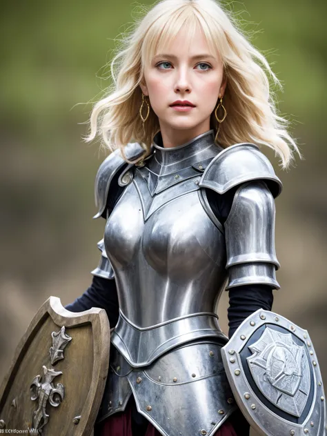 1 girl, middle earth paladin ,wearing armor ,magic sword and powerful shield, detail armor, rusty armor, chain armor, queen's cr...