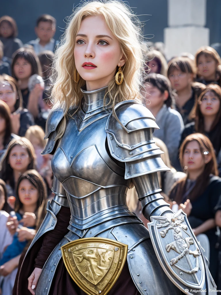 1 girl, Middle Earth Paladin ,Wearing armor ,Magic sword and powerful shield, Detail armor, Rusty armor, chain armor, Queen's Crown, Fight goblins to protect innocent villagers, witch, short, thin, square face, olive skin, platinum blonde, golden eyes, short Nose, thin Lips, round chin, Shoulder length hair, curls, blunt bangs, soft breasts, hug earrings, lavender satin lipstick, volcanic wasteland, River of fire flows into molten sea, (close up:1), (look at the audience),8k, (best quality:1.2), (masterpiece:1.37), (photo, photorealistic:1.37), (ultra high resolution), photographed by Canan EOS R6, 135mm, 1/1/2.8, ISO 400