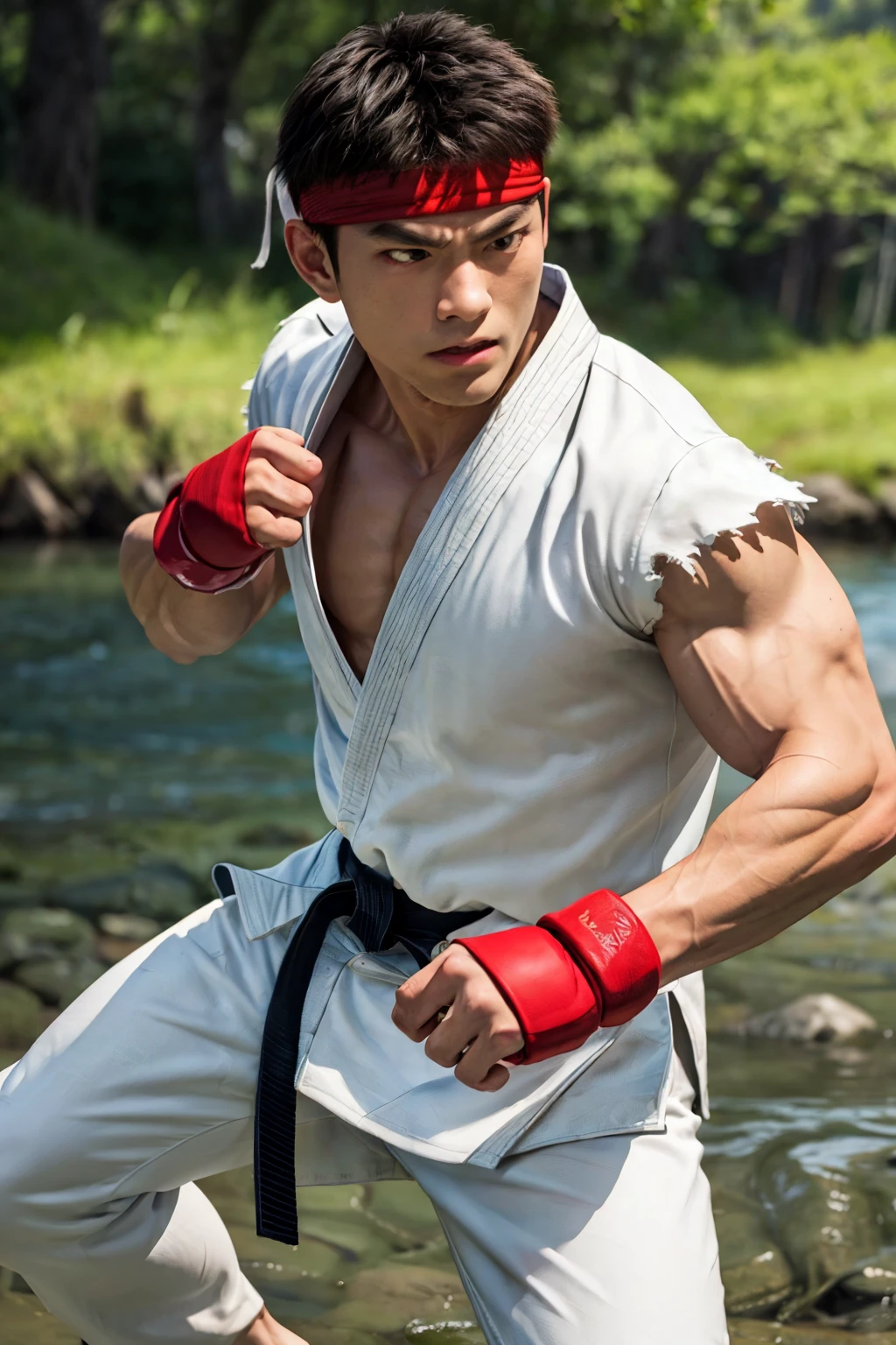 Ryu, 1 person, White karate uniform,White pants, Red headband, Fighting Gloves, barefoot, Black belt, kimono, White pants, detailed eyes, detailed face, masterpiece, High resolution, Perfect photo, At the River, Combat Stance, (detailed:1.2), atmosphere, 