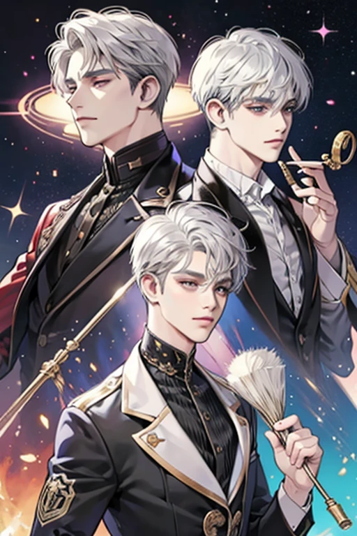 Short_silver_hair, hair_back_side, small_bangs_on the sides, 1adult_man, really_purple_eyes, beautiful_and_detailed_eyes, nice_smile, dress, white_business_suit, holding_a_silver_cane_with_gold_handle, detailed_hands, wearing_white_glasses, better_quality, HD_quality