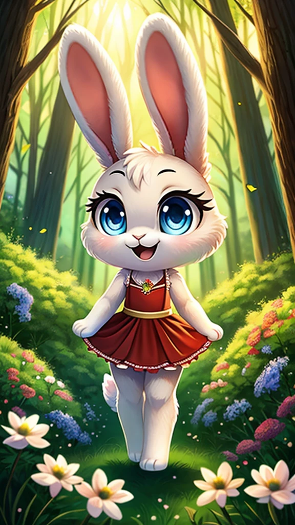 zoomed out image, ((solo character)), cute style art, fantasy style art, cute, adorable, short character, small, tiny little fluffy female white bunny with blue eyes, 4 ears, 2 extra ears, big floppy ears, long ears, ears perked up, raised ears, long eyelashes, poofy rabbit tail, wearing a red frilly ribbon dress, smiling, standing in a thick green forest, realistic forest, soft tones, big expressive smile, open mouth, wide eyes, excited eyes, excited face, looking at the scenery, looking at the trees in wonder, exploring happily, stunning visuals, sunlight coming through the trees, flowers scattered in the bushes, butterflies in the air, digital illustration
